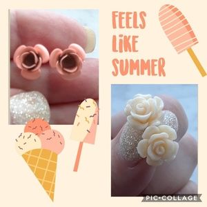 New! 2 Pair Set Darling Rose Post Earrings + Gift